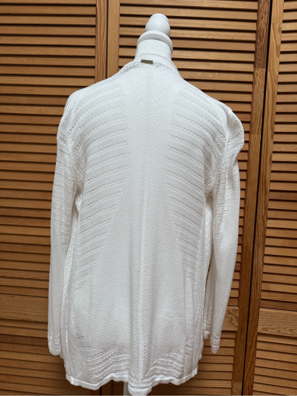 T Tahari White Pointelle Open Front Draped Waterfall Cardigan Knit Sweater L - Picture 4 of 12